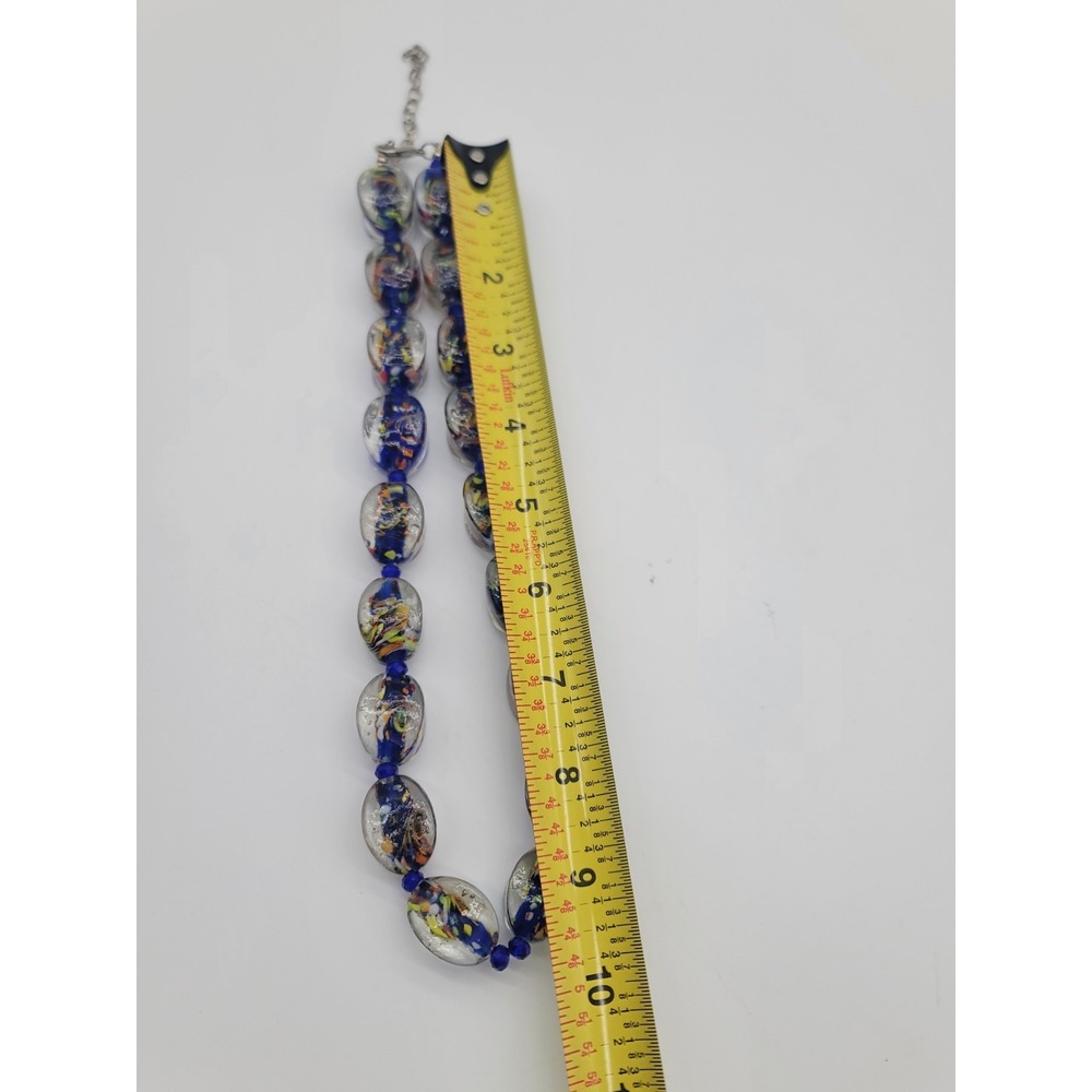 Art Glass Beaded Necklace Blue Swirl Confetti Murano Style 20" - Picture 6 of 7
